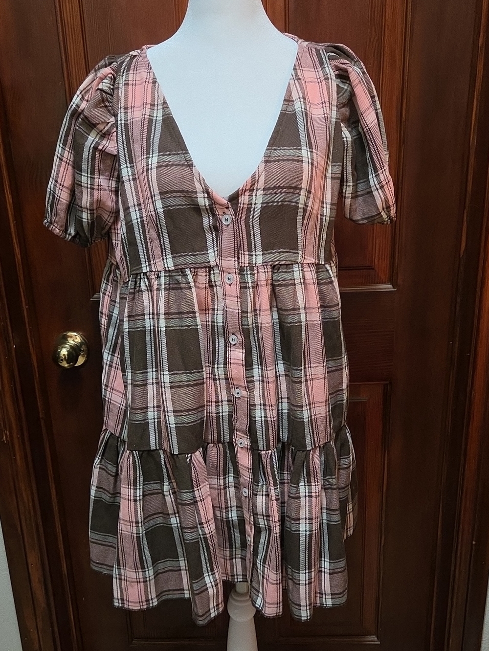 dELiA*s Pink and Brown Plaid Tiered Mini Dress
